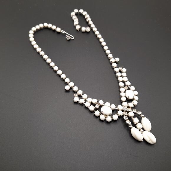 Vintage Milk Glass & Rhinestone Tassel Choker Necklace 15 Inch Rhodium - Picture 9 of 10